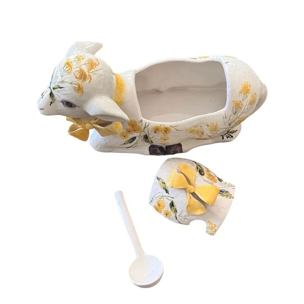 Vintage Italian Lamb Soup Tureen,Spoon Hand-Painted Yellow Mimosa Mid-Century